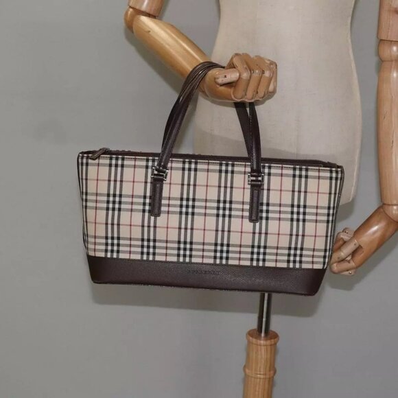 BURBERRY Nova Check Hand Bag Canvas Leather Beige Brown Silver Auth - Picture 1 of 16